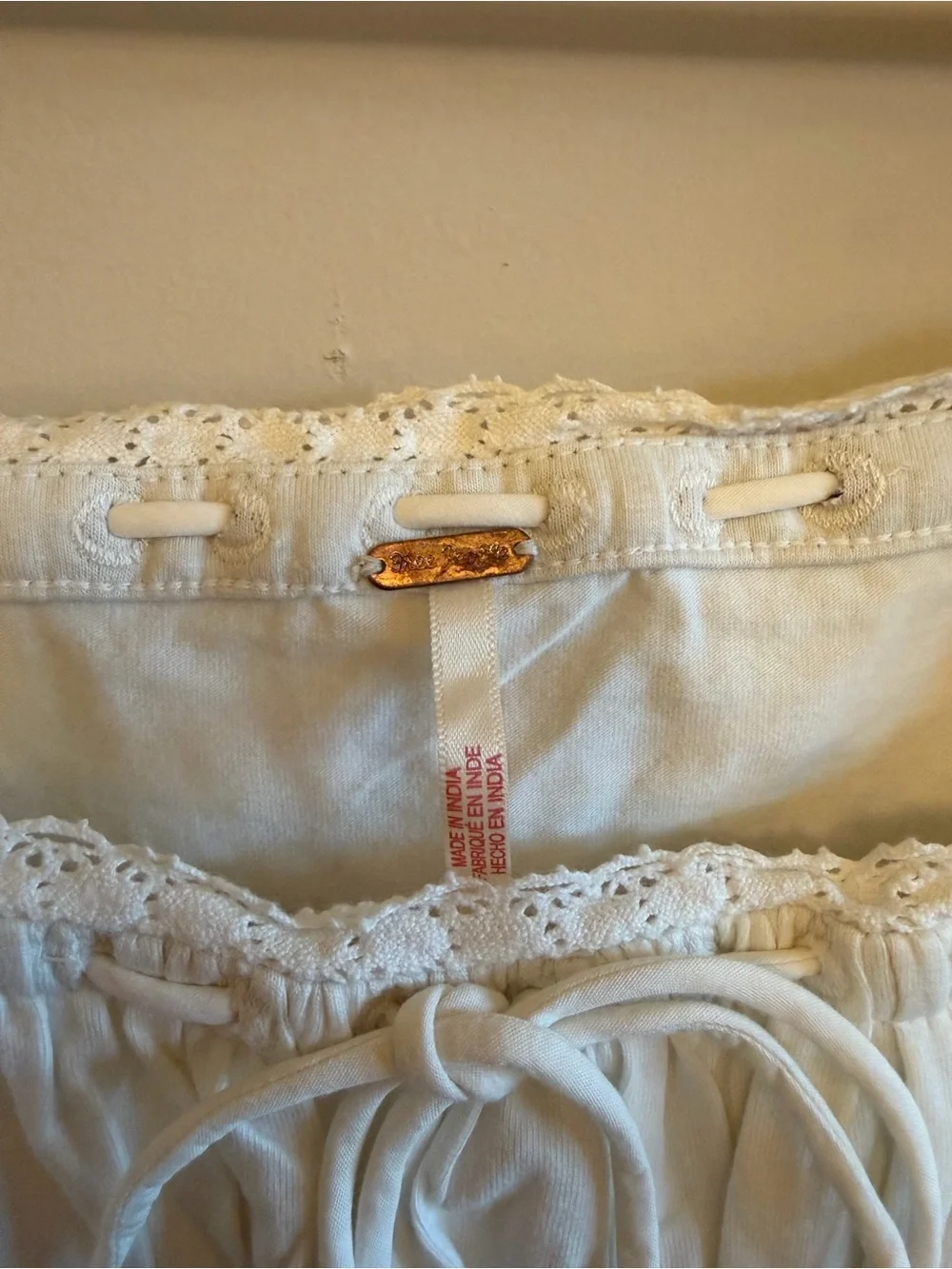 Free People Cream Lace-Trim Long Sleeve Peasant Top